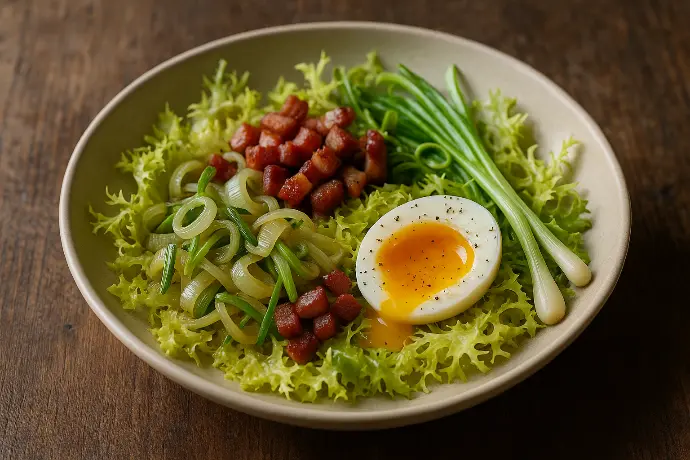 Salade tiède d’oignons, lardons ; œuf mollet